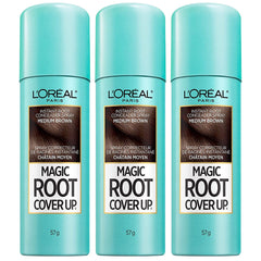 L'Oreal Paris Root Cover Up spray shown applying to hair to hide gray roots.
