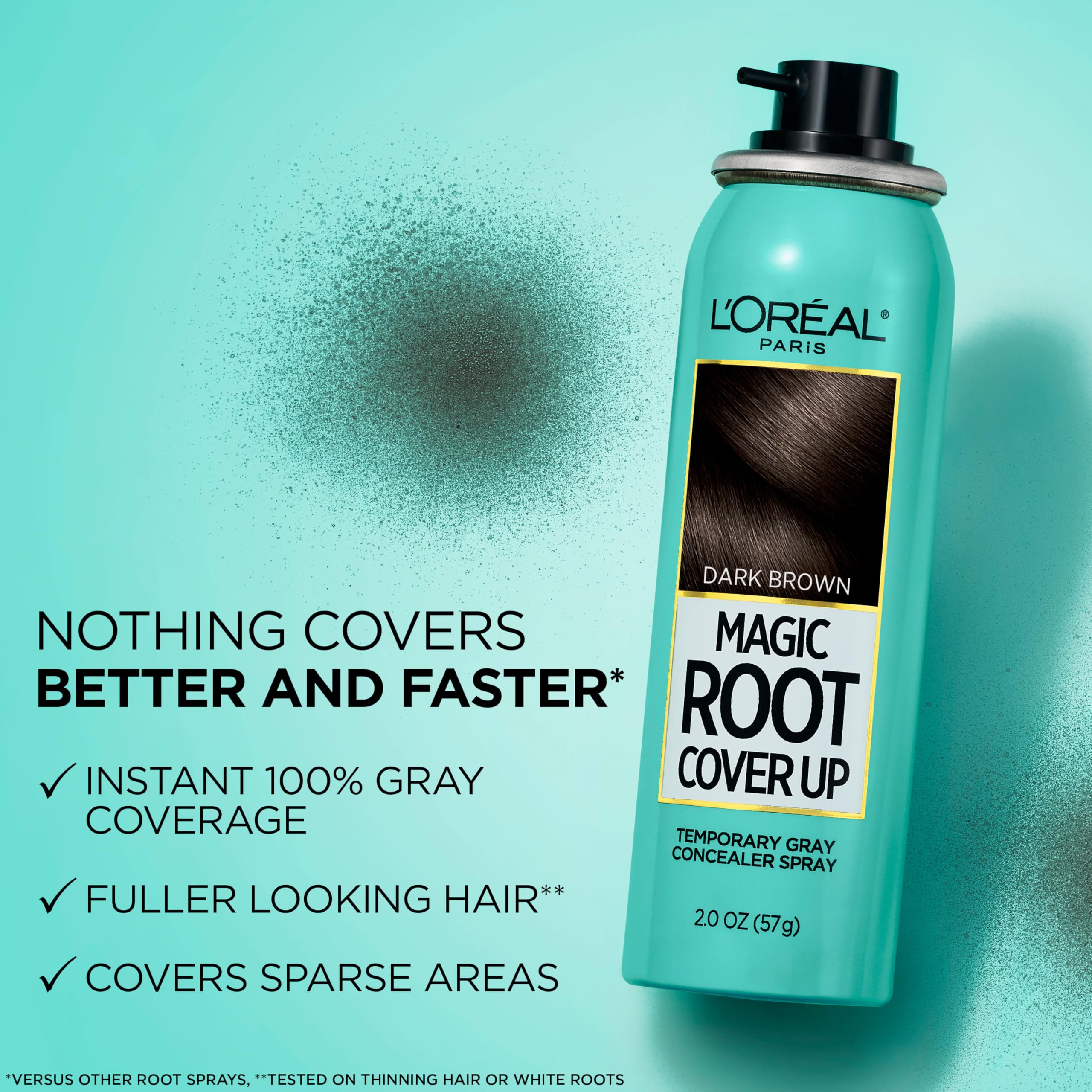 L'Oreal Paris Root Cover Up spray demonstrates fast dry formula for smudge-free wear