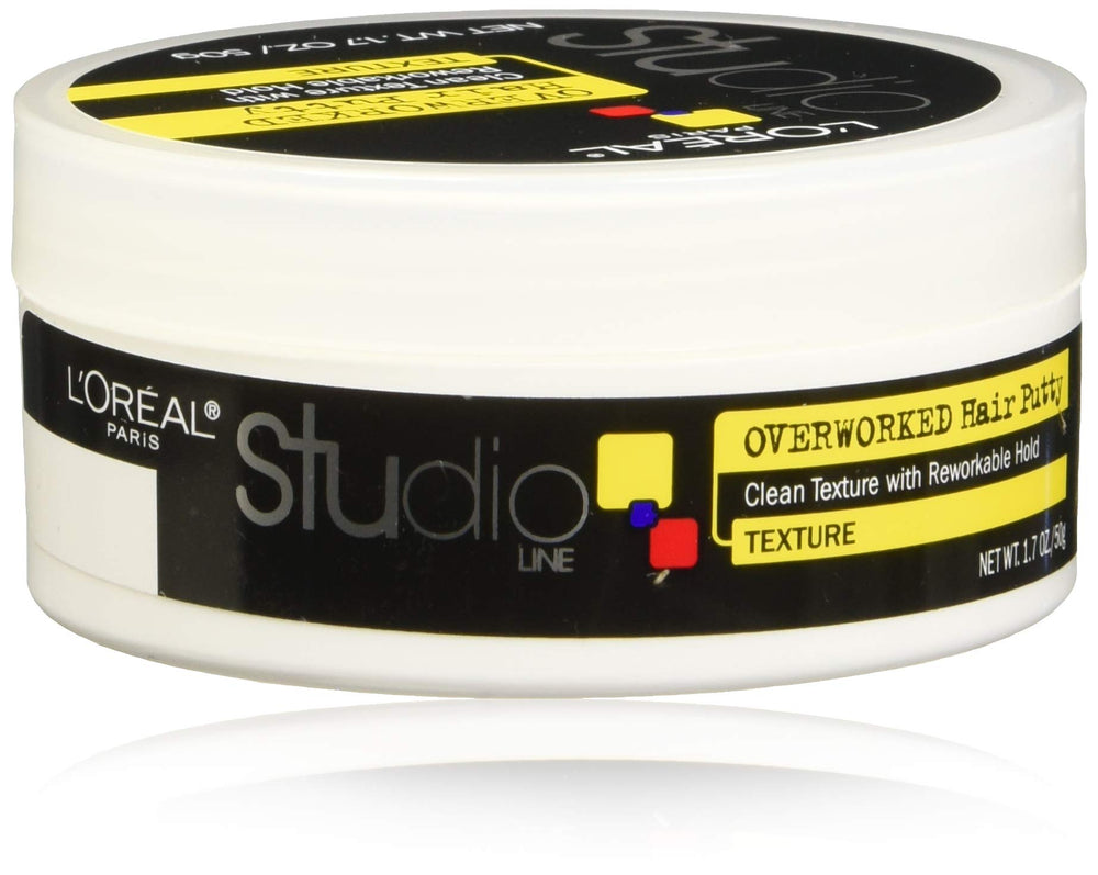 L'Oreal Paris Studio Line Overworked Hair Putty bottle demonstrates creamy texture for detangling and definition