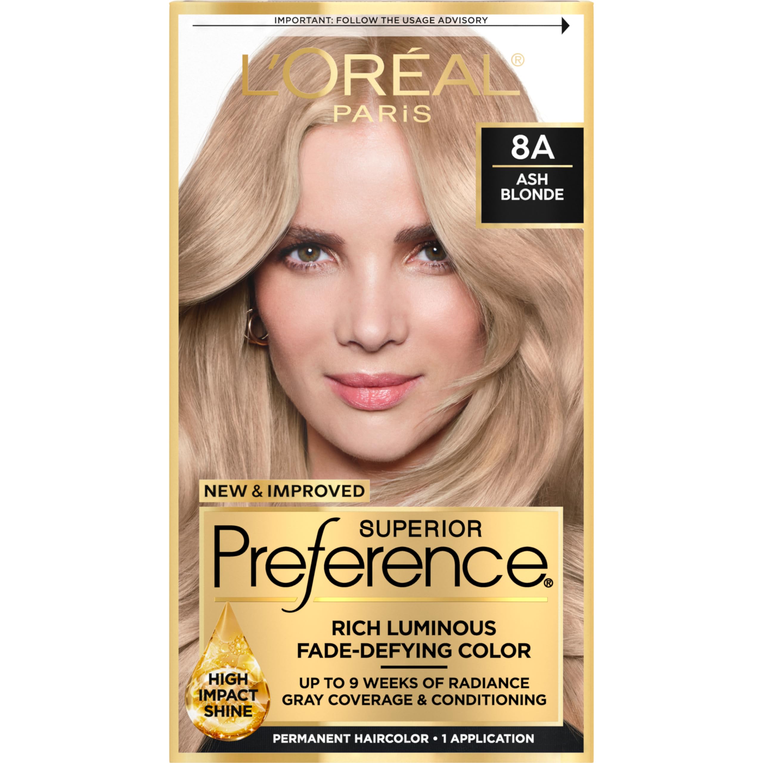 L'Oreal Paris Superior Preference ash blonde 8A box front for lasting radiance.