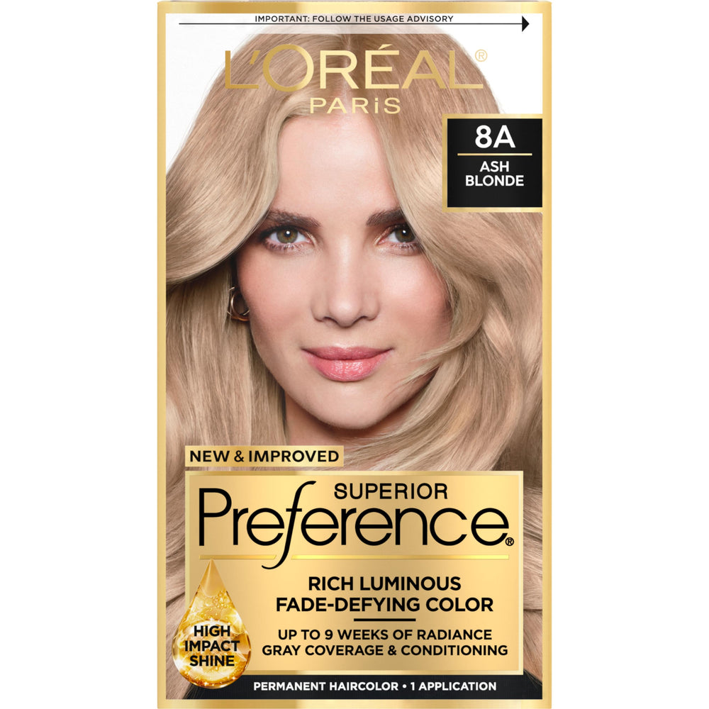 L'Oreal Paris Superior Preference ash blonde 8A box front for lasting radiance.