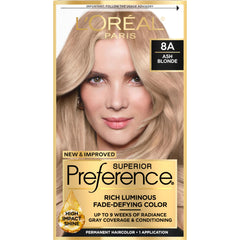 L'Oreal Paris Superior Preference ash blonde 8A box front for lasting radiance.