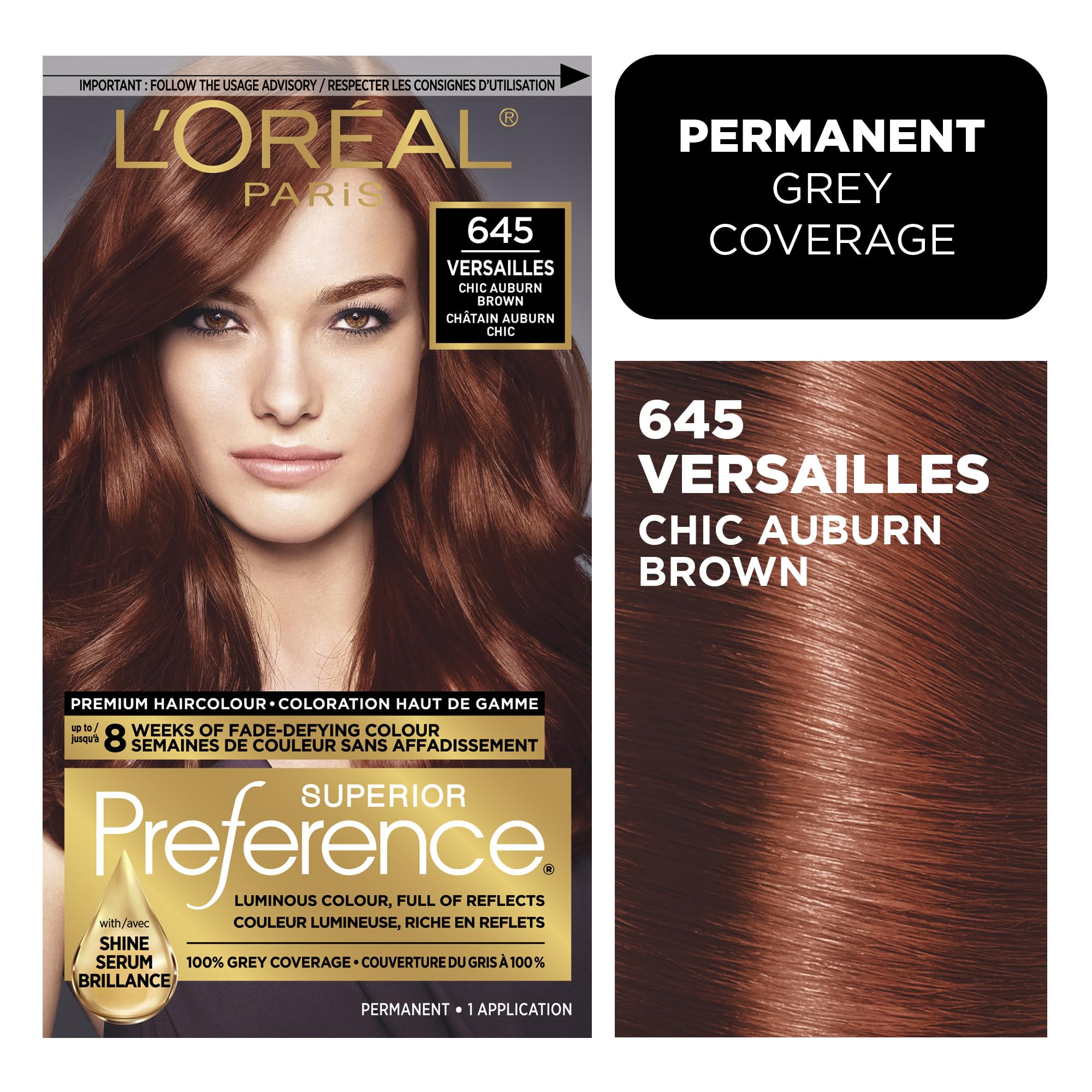 L'Oreal Paris Superior Preference chic auburn 6AB bottle close-up shows fade-defying color and lasting shine.