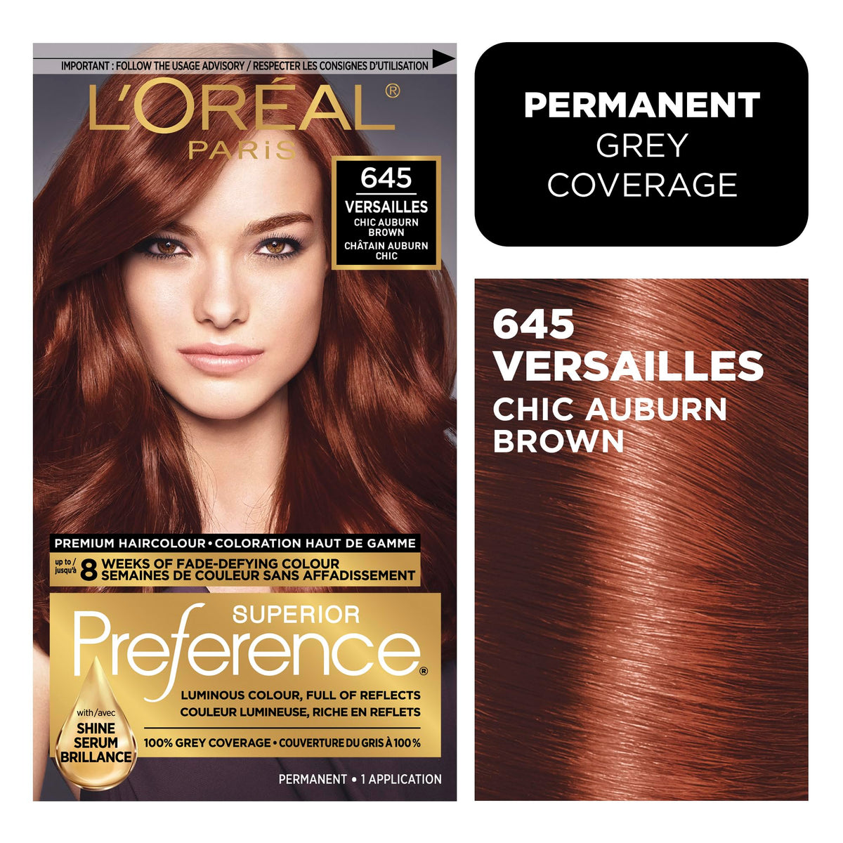 L'Oreal Paris Superior Preference chic auburn 6AB bottle close-up shows fade-defying color and lasting shine.