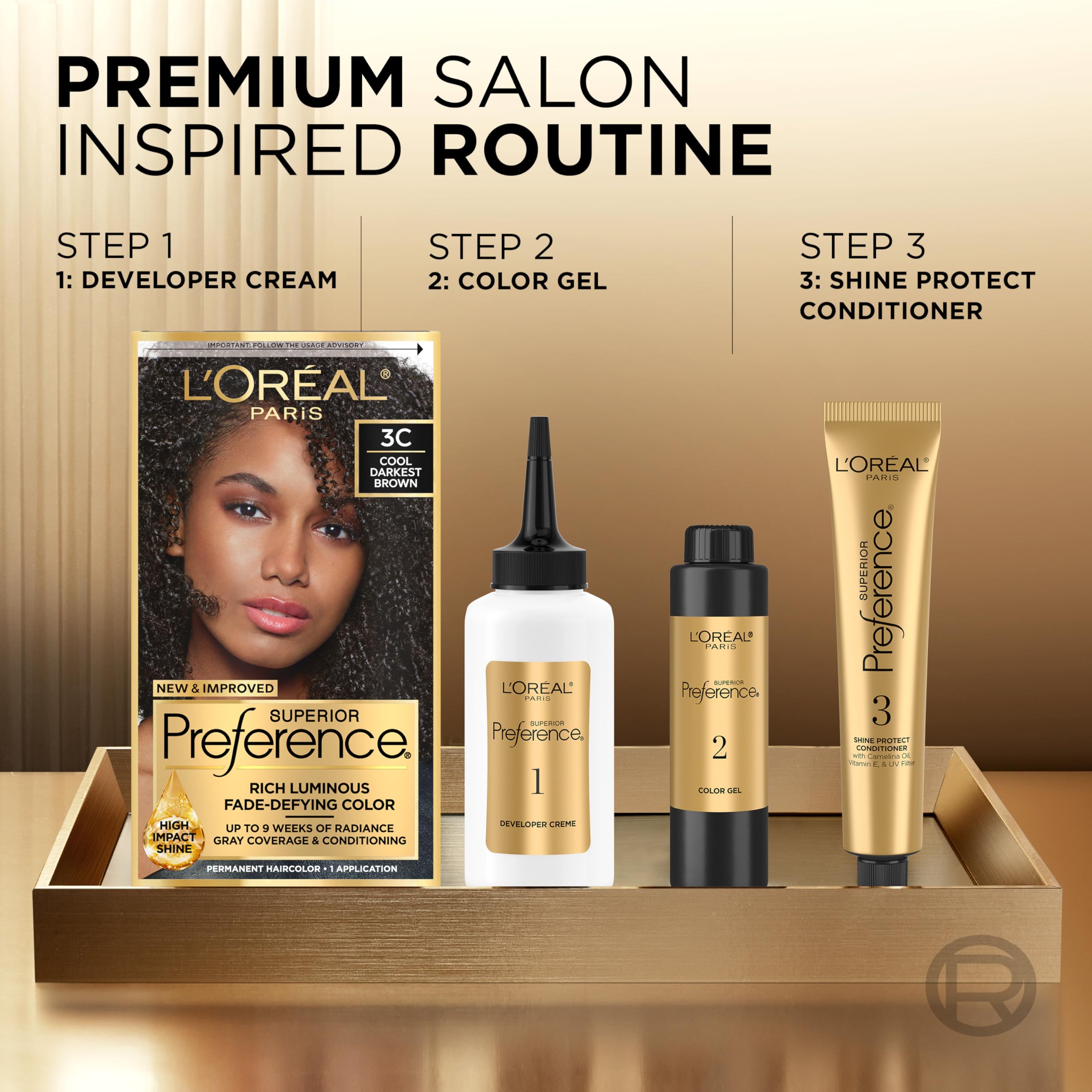 L'Oreal Paris color gel on hair shows even coverage and depth.