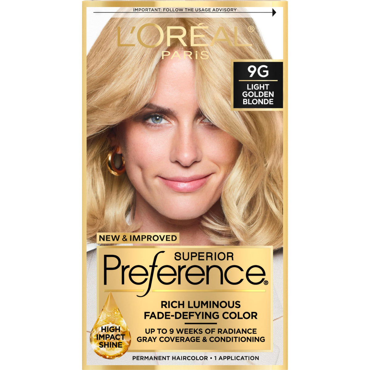 L'Oreal Paris Superior Preference light golden blonde 9G kit shows fade-defying color and shine.