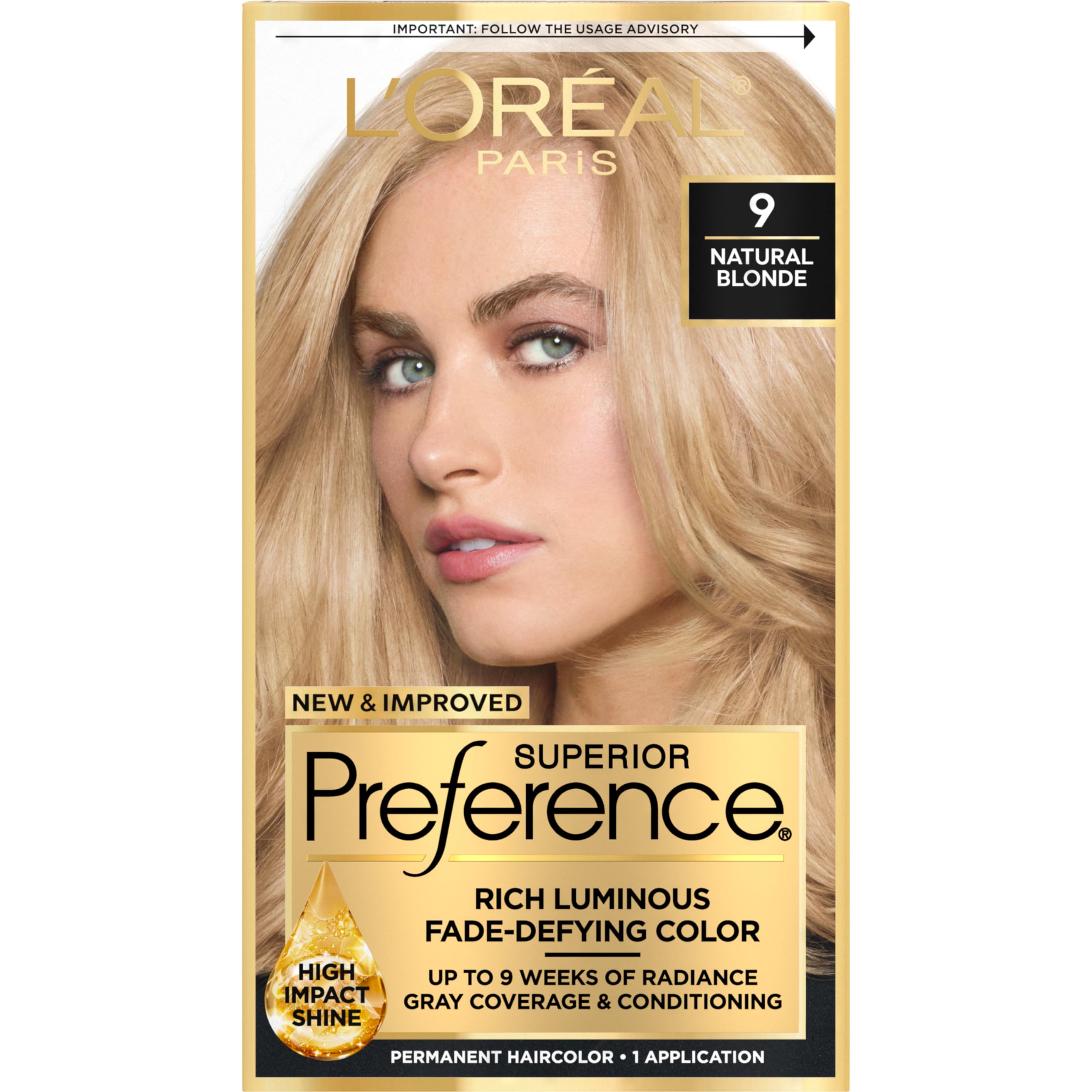 L'Oreal Paris Superior Preference Natural Blonde 9 color kit shows vibrant, fade-defying shade in packaging for radiant color