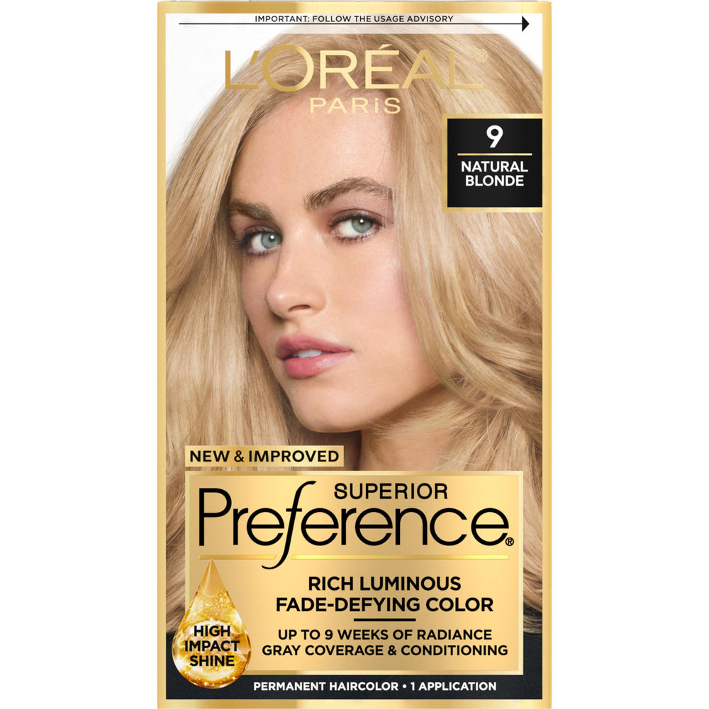 L'Oreal Paris Superior Preference Natural Blonde 9 color kit shows vibrant, fade-defying shade in packaging for radiant color