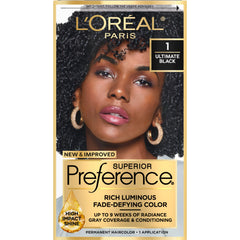 L'Oreal Paris Superior Preference Ultimate Black 1 dye kit package delivers long-lasting color and radiant shine.