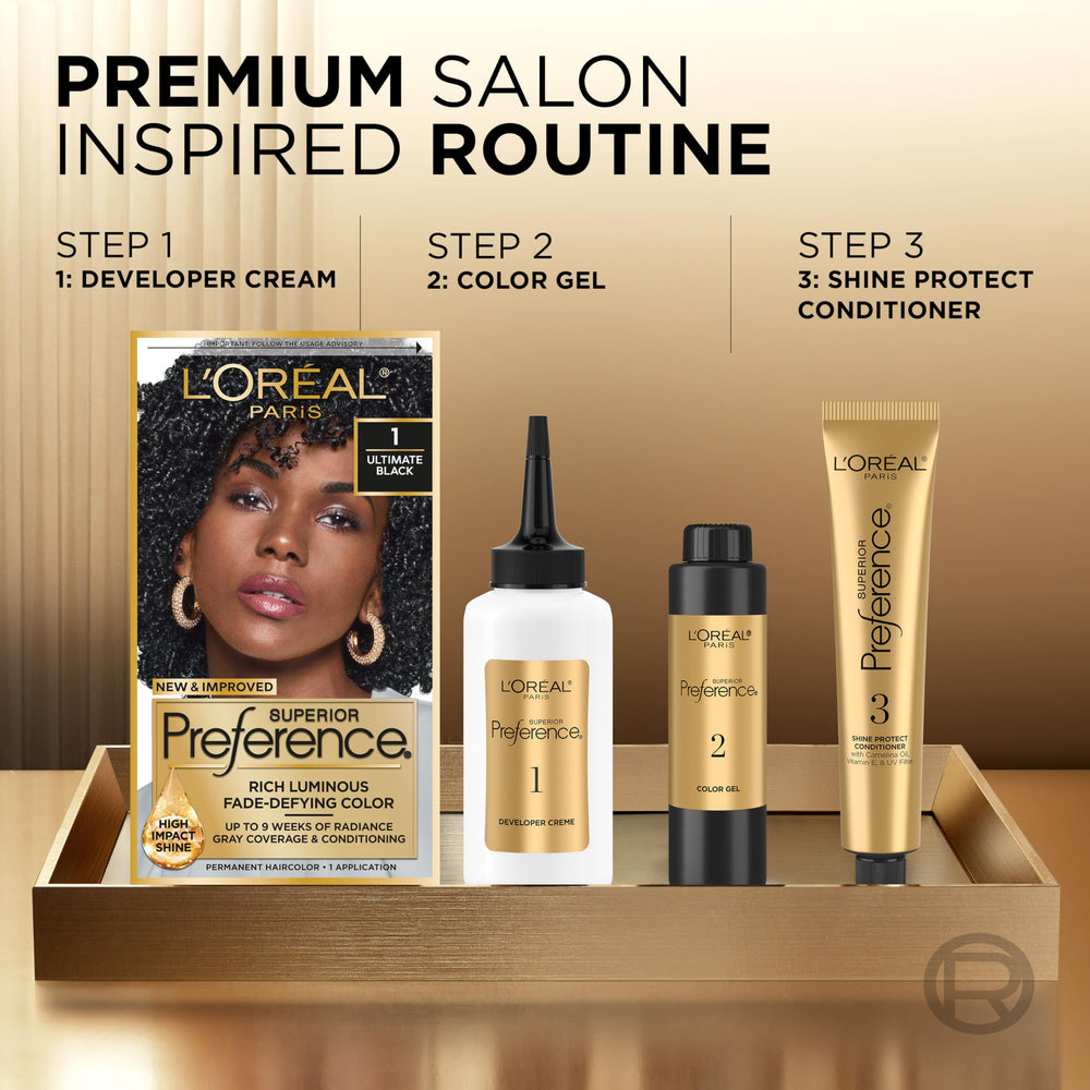 L'Oreal Paris Superior Preference Ultimate Black 1 no-drip formula supports controlled, even dye deposition.