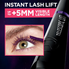 L’Oréal Paris Telescopic Lift Galactic Purple swatch on lashes conveying color payoff and lift.