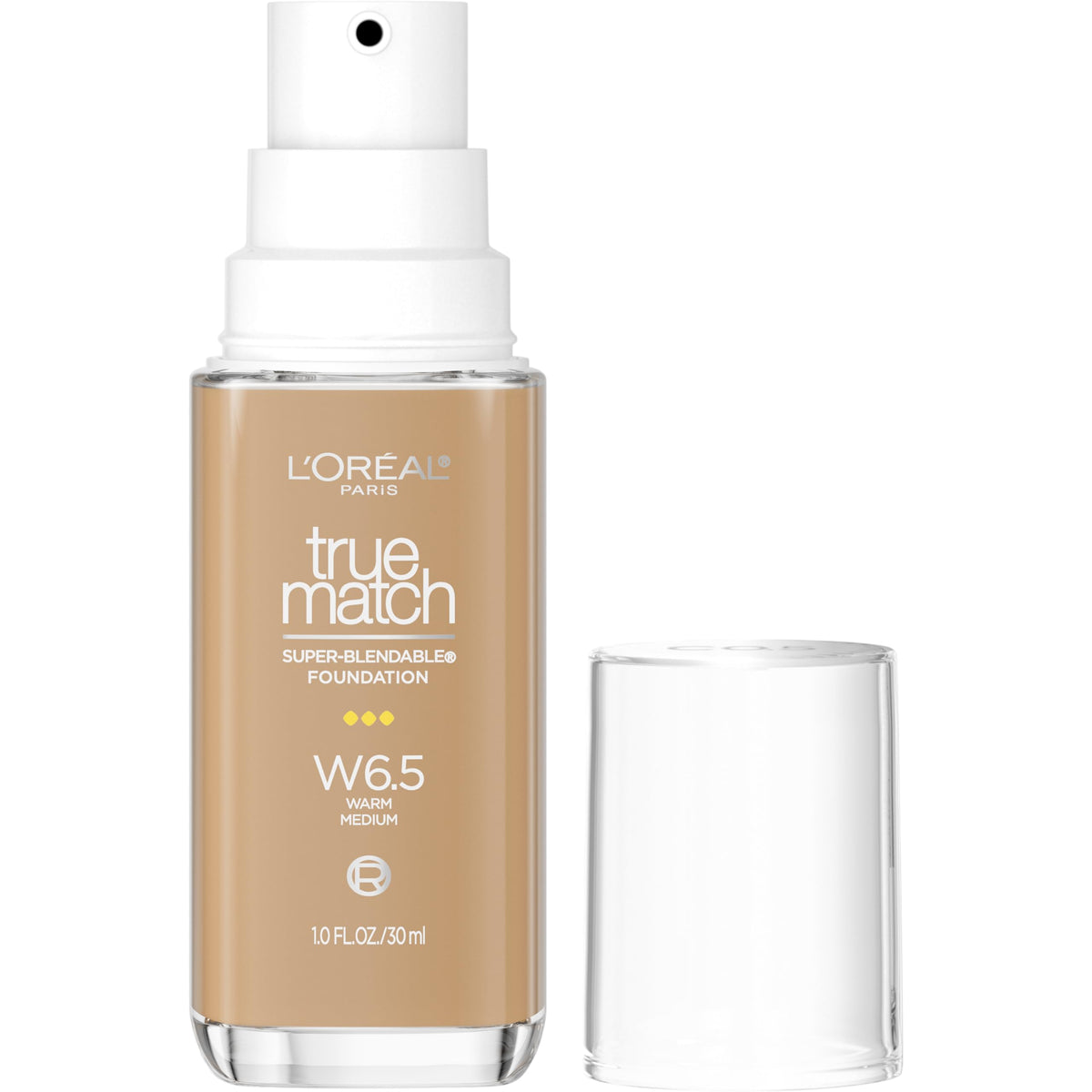 L'Oreal Paris True Match foundation W6.5 pump close-up demonstrates precise dispensing for everyday wear