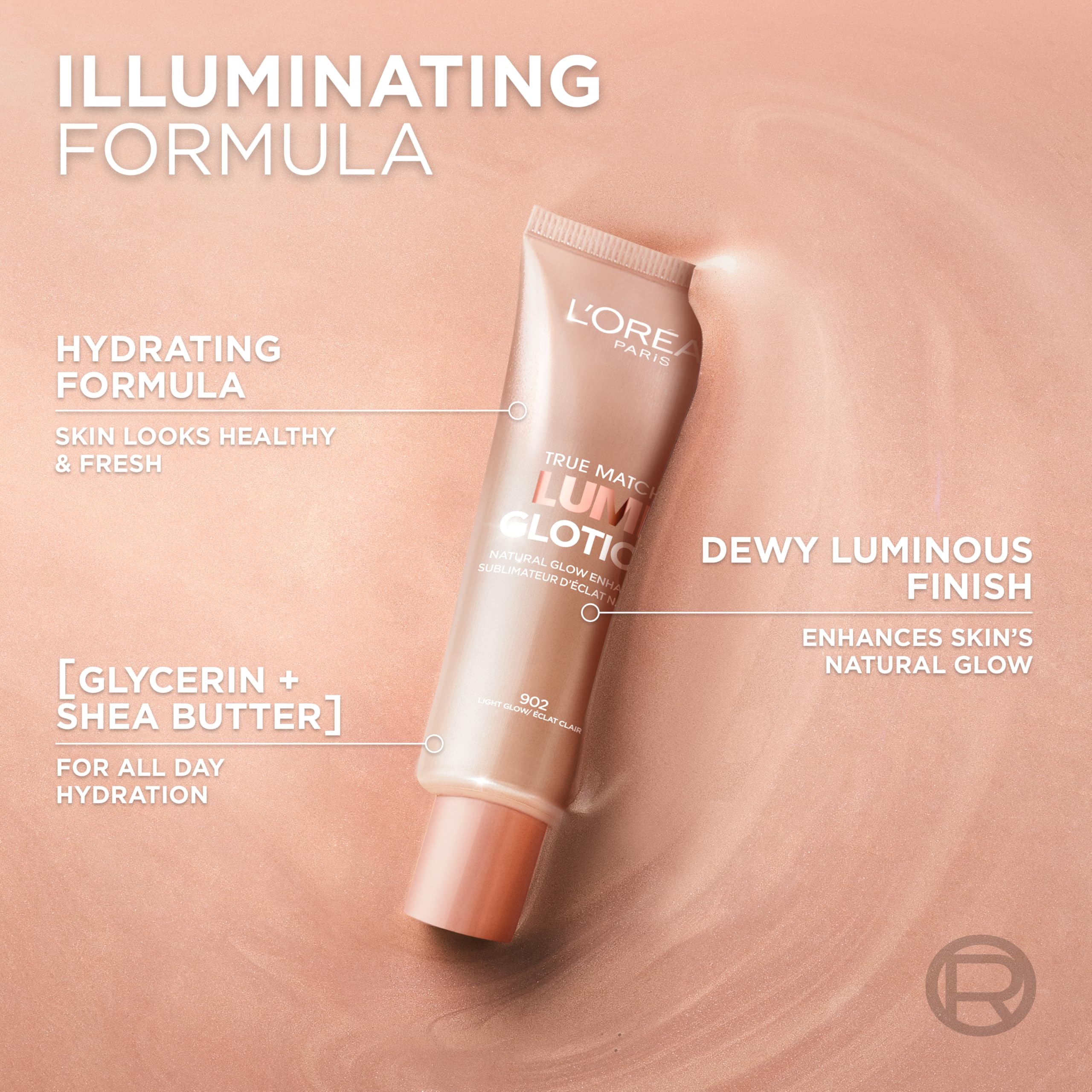 L'Oreal Paris Lumi Glotion on cheekbones for targeted glow.