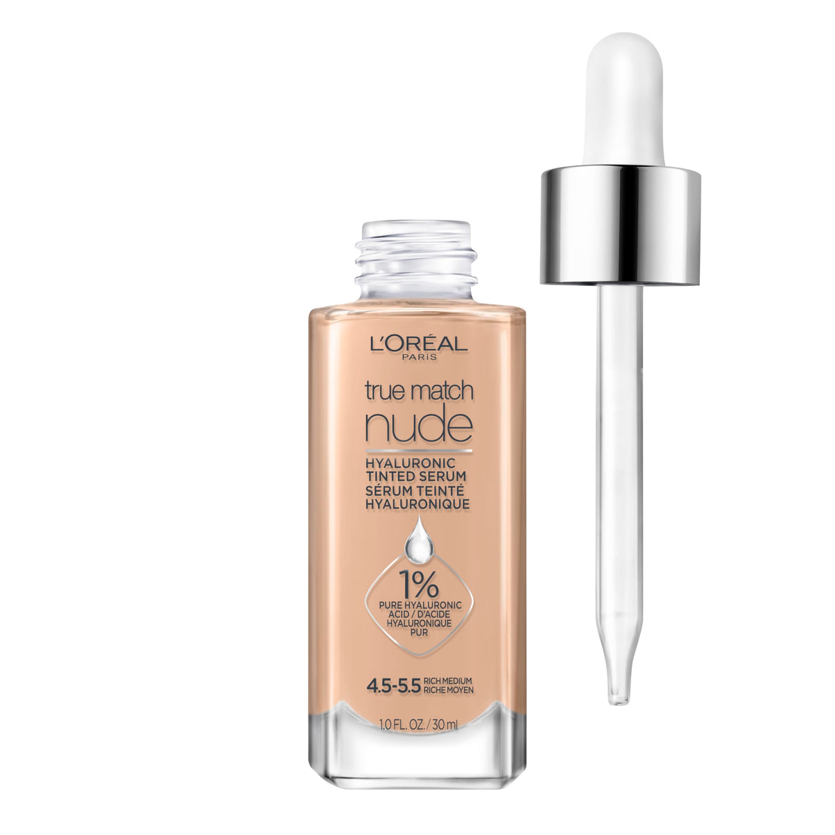 L'Oreal Paris True Match Nude Hyaluronic Serum bottle pump enables easy, controlled application.