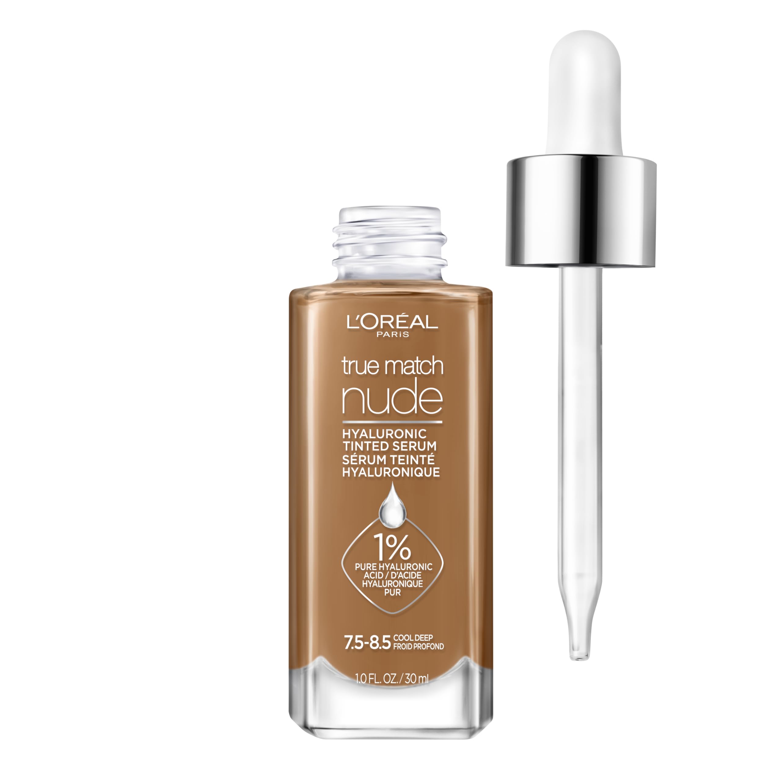 L'Oreal Paris True Match Nude Hyaluronic Serum Foundation bottle close-up showing hydrating glow