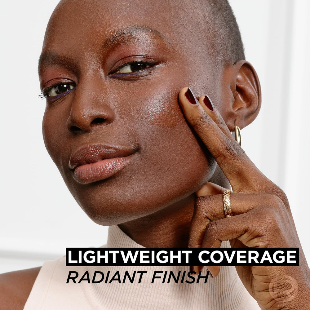 L'Oreal Paris True Match Nude Hyaluronic Serum on illuminated skin showing radiant finish.