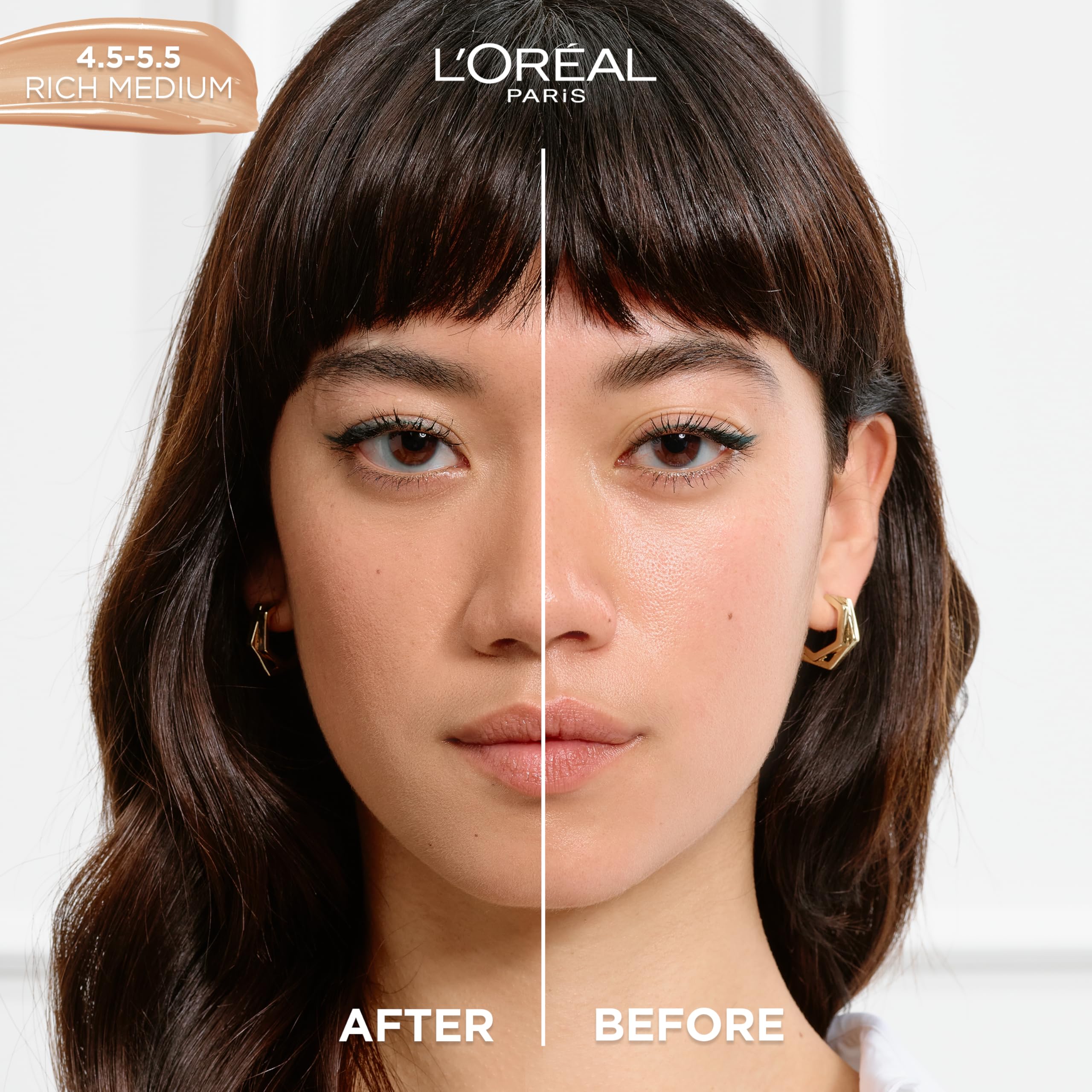 L'Oreal Paris True Match Nude Hyaluronic Serum swatches on arm show shade variety for quick assessment.