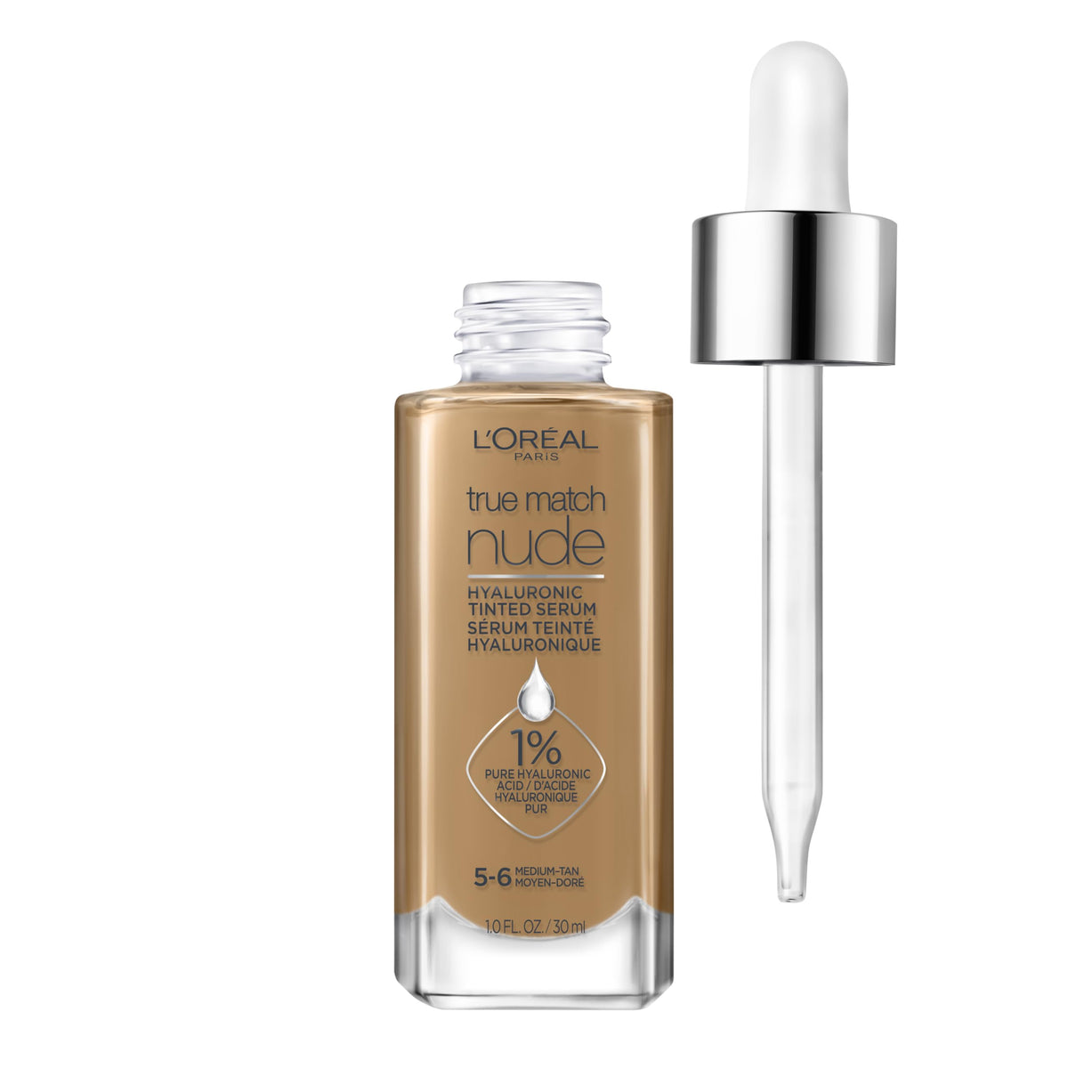 L'Oreal Paris True Match Nude Hyaluronic tinted serum foundation bottle-pump shows hydrating dispenser.
