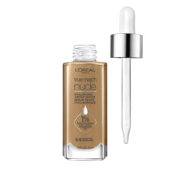 L'Oreal Paris True Match Nude Hyaluronic tinted serum foundation bottle-pump shows hydrating dispenser.