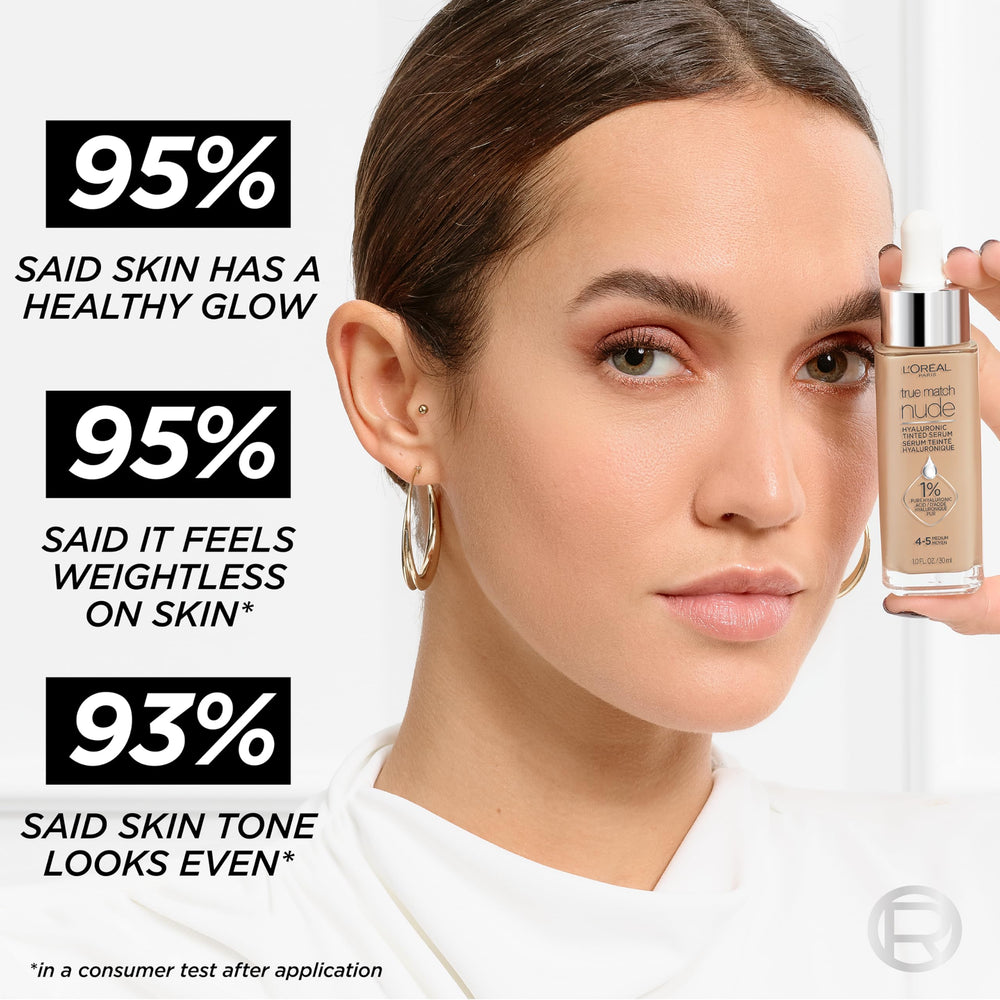 L'Oreal Paris True Match Nude Hyaluronic tinted serum foundation close-up-texture reveals smooth finish.