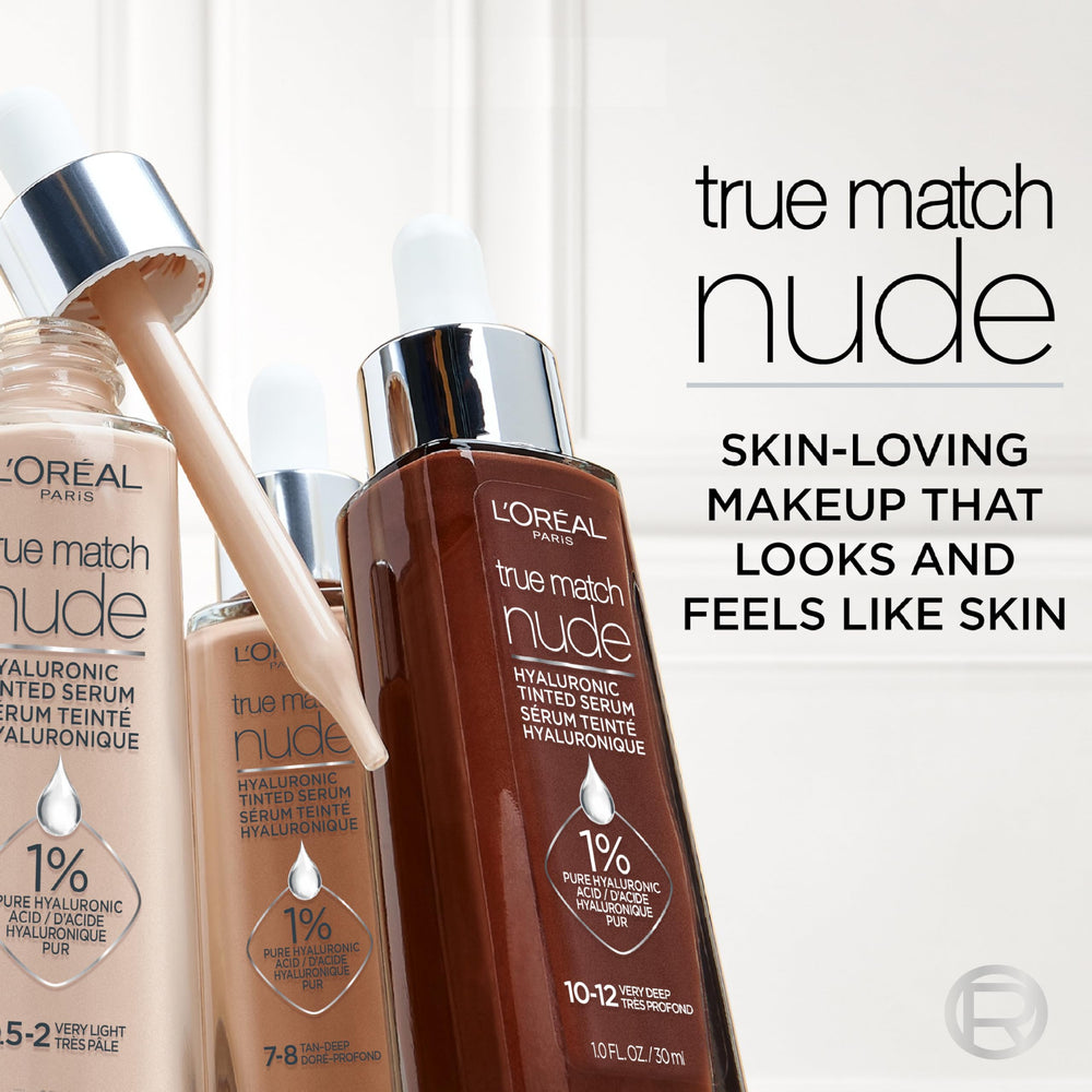 L'Oreal Paris True Match Nude Hyaluronic tinted serum foundation shade-mid-tan-display demonstrates tone compatibility.