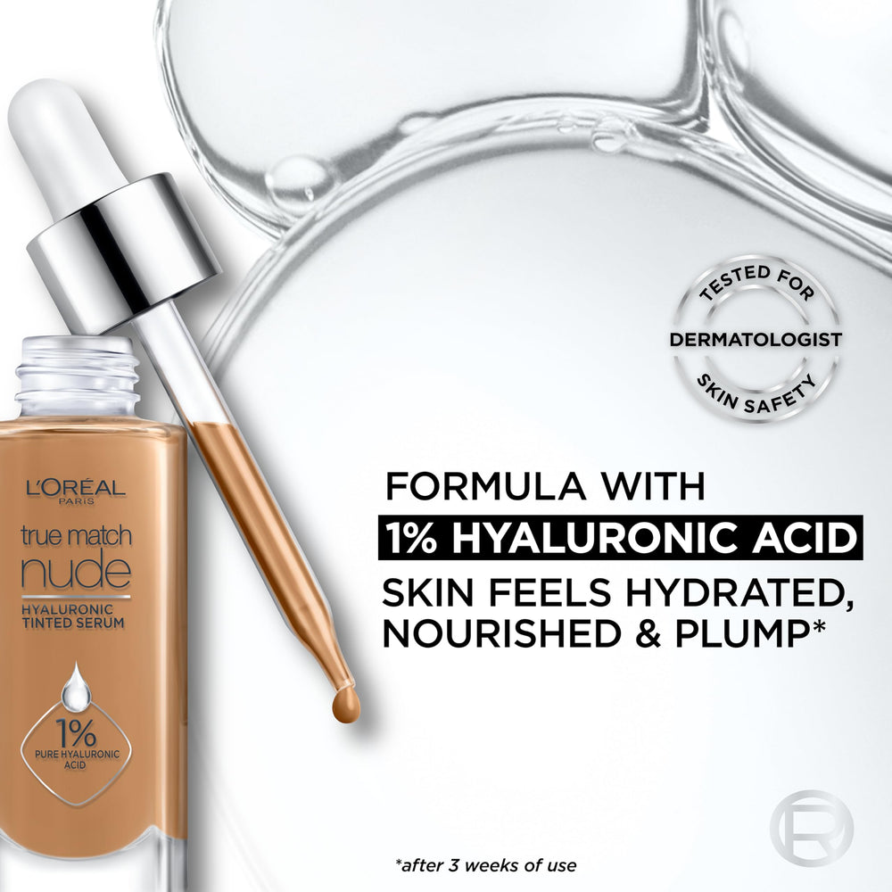 L'Oreal Paris True Match Nude Hyaluronic tinted serum foundation soft-diffused-light highlights glow.