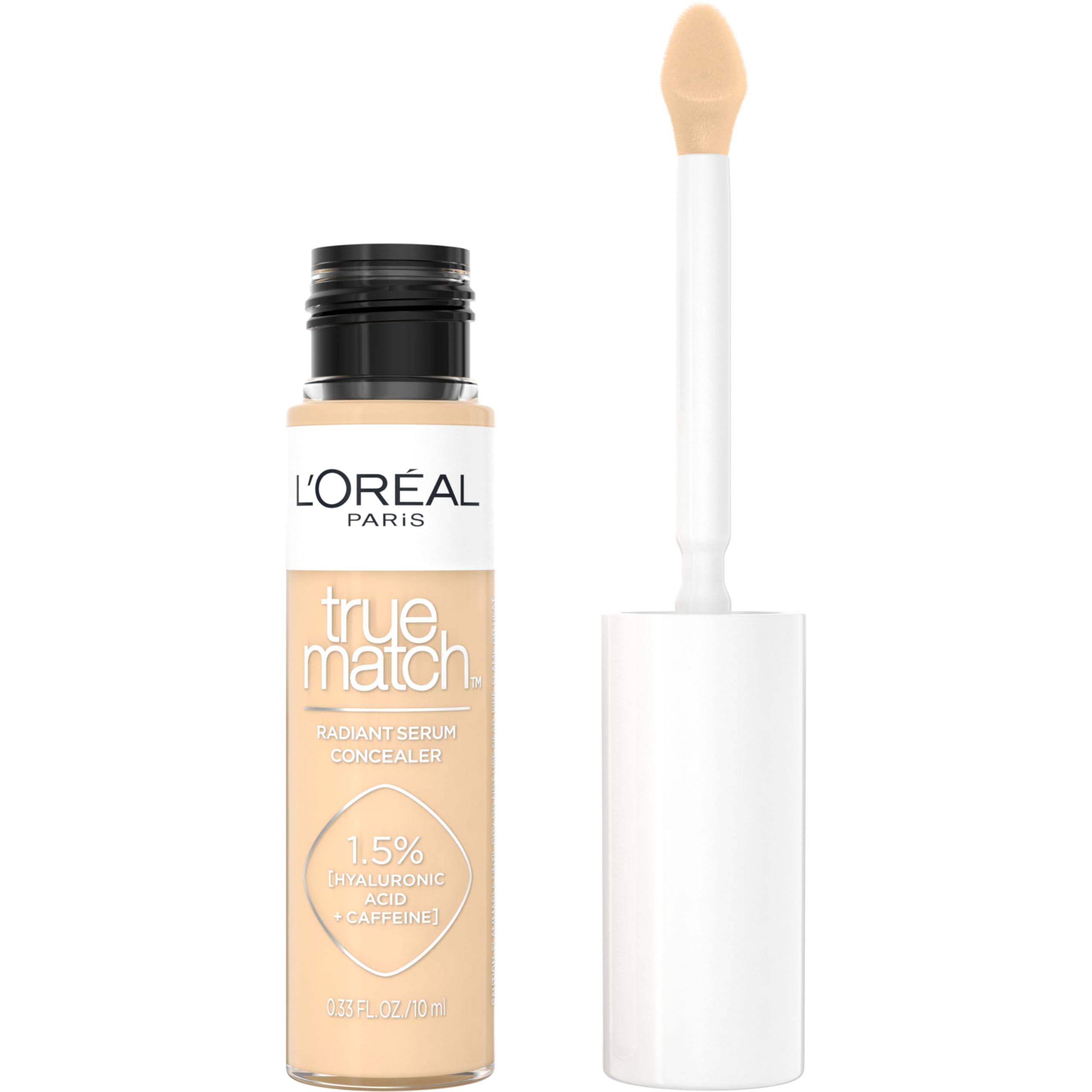 L'Oreal Paris True Match Radiant Serum Concealer tube closeup showing brightening, hydrating coverage for one swipe.
