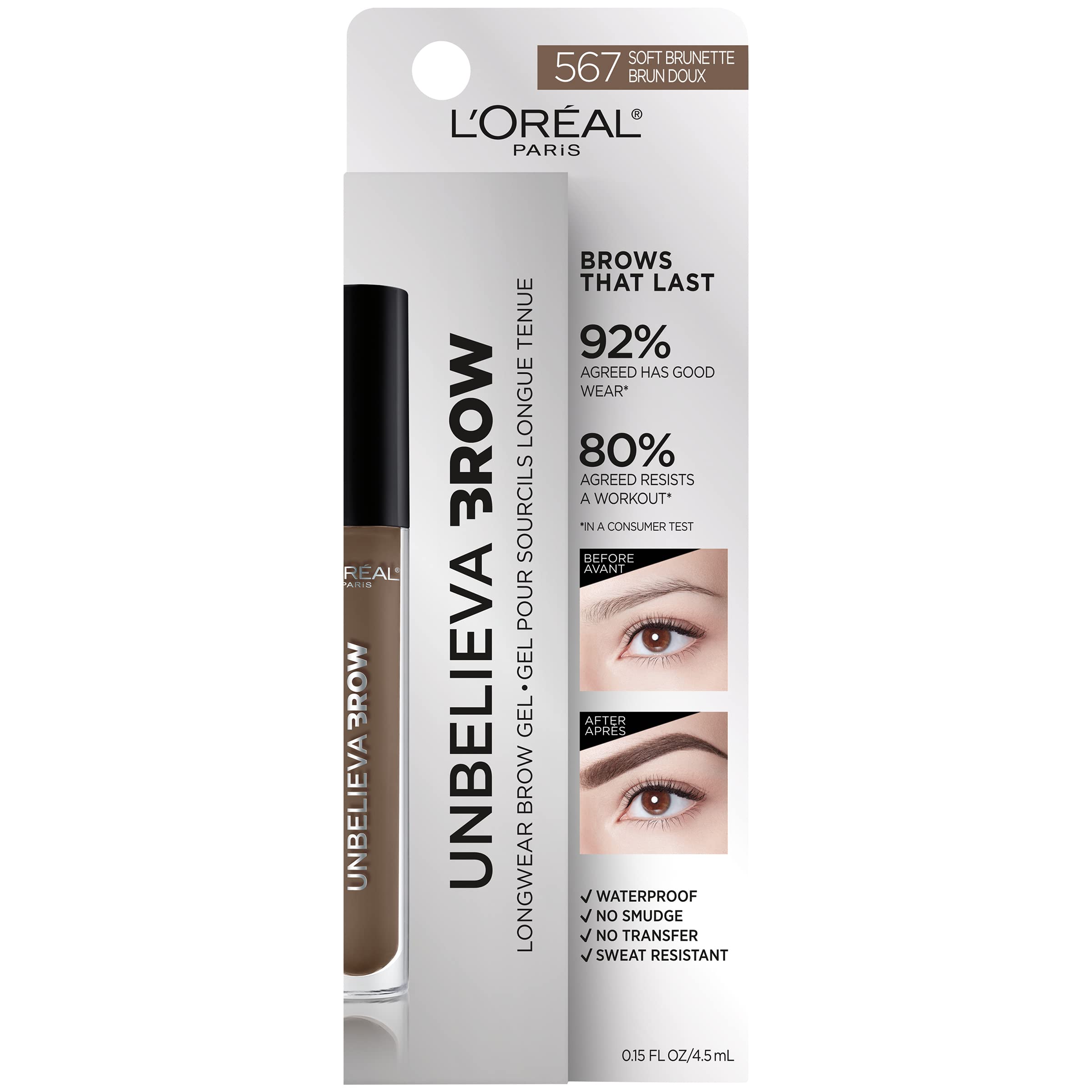 L'Oreal Paris Unbelieva-Brow longwear brow gel swatch showing natural to bold color.