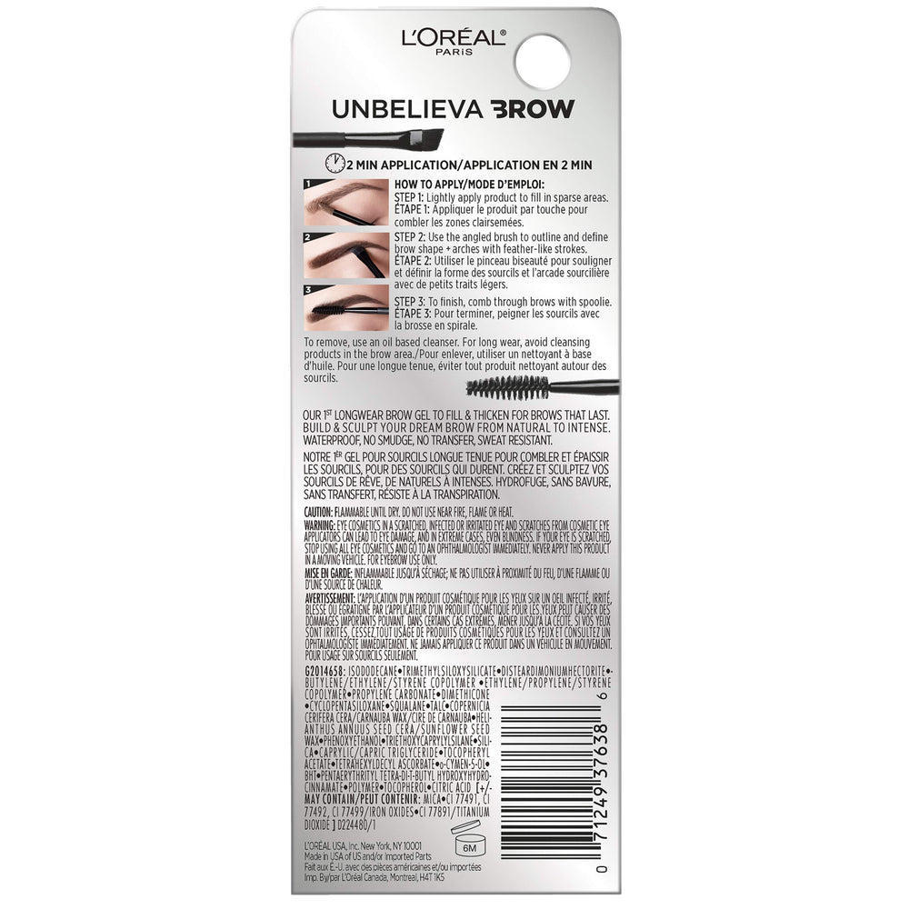 L'Oreal Paris Unbelieva-Brow close-up highlights no-smudge, transfer-free wear during activity.