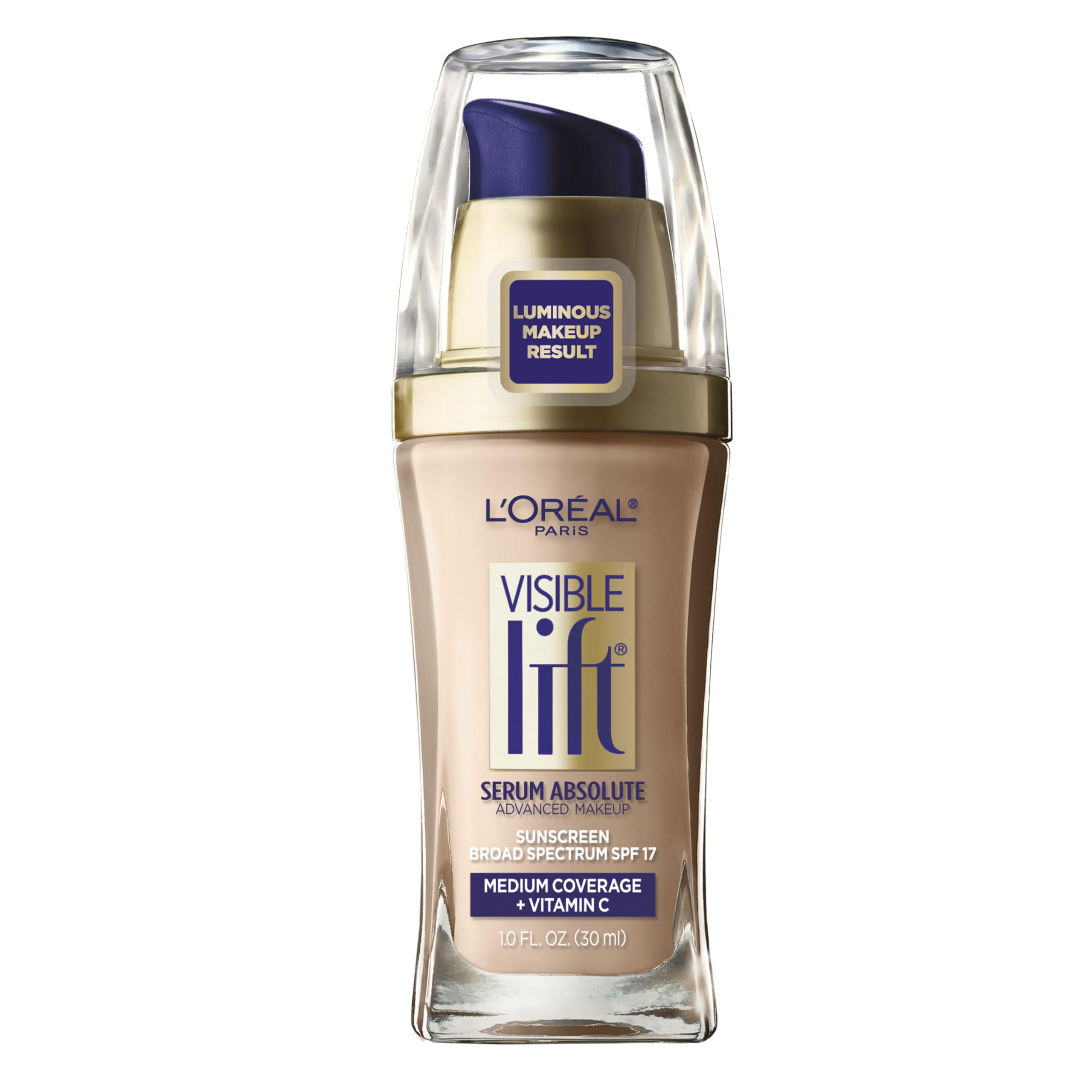 L'Oreal Paris Visible Lift Serum Absolute Foundation bottle pour promotes even skin tone instantly