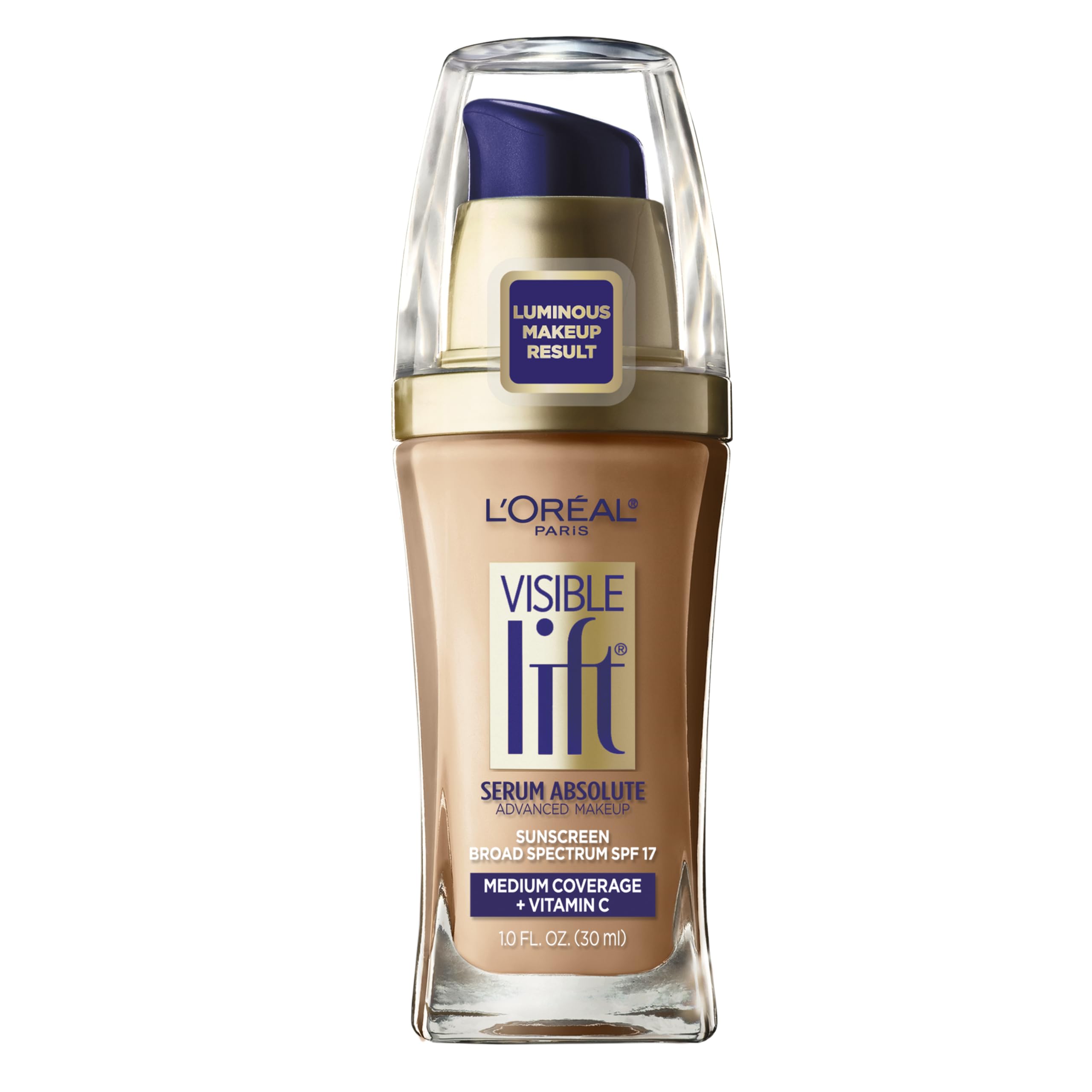 L'Oreal Paris Visible Lift Serum Absolute Foundation Sun Beige bottle for smooth, even tone
