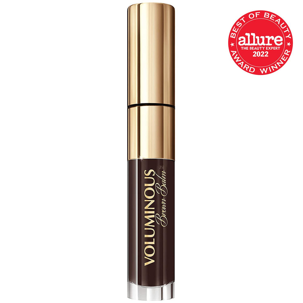 Voluminous Brown Balm mascara brush evenly coats lashes.