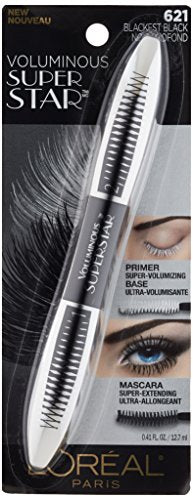 L’Oréal Paris Voluminous Superstar mascara wand applying fiber-rich formula for length.