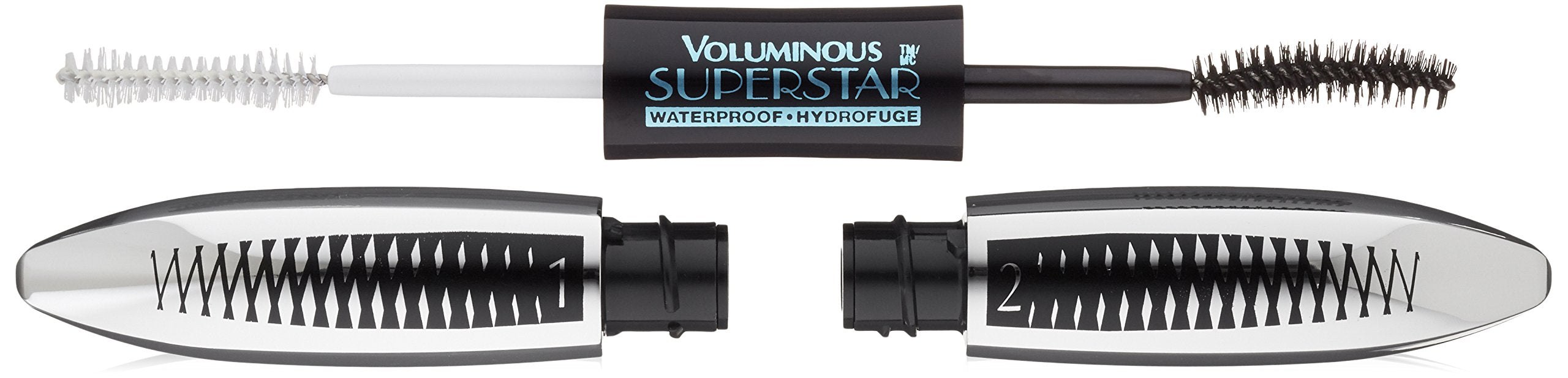 L’Oréal Paris Voluminous Superstar Mascara primer application shows dramatic volume and smooth base.