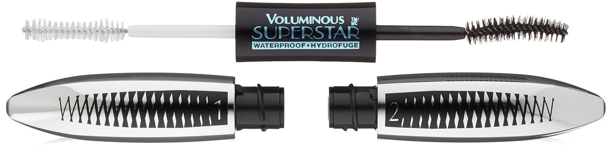 L’Oréal Paris Voluminous Superstar Mascara primer application shows dramatic volume and smooth base.