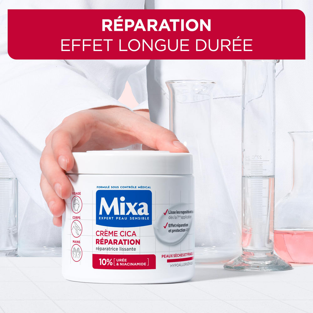 Close-up of Mixa Cica Repair Cream pot showing quick absorption.
