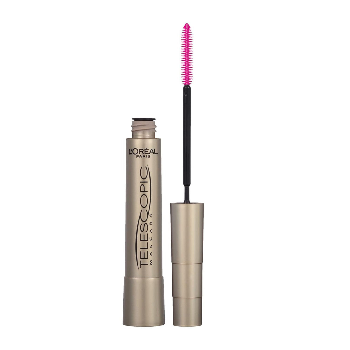 L'Oreal Paris Telescopic mascara wand close-up shows precise coating and length.