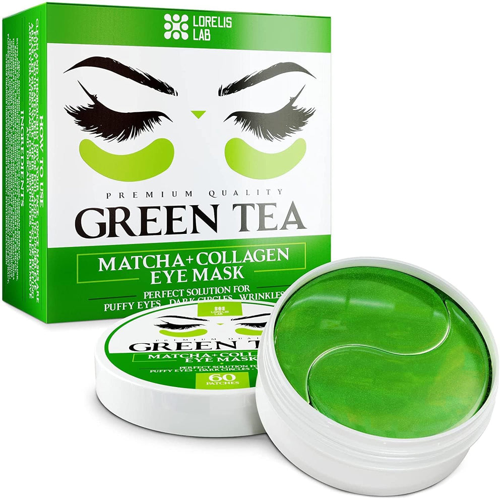 Lorelis Lab green tea under-eye patches packaging for a calming skincare routine.