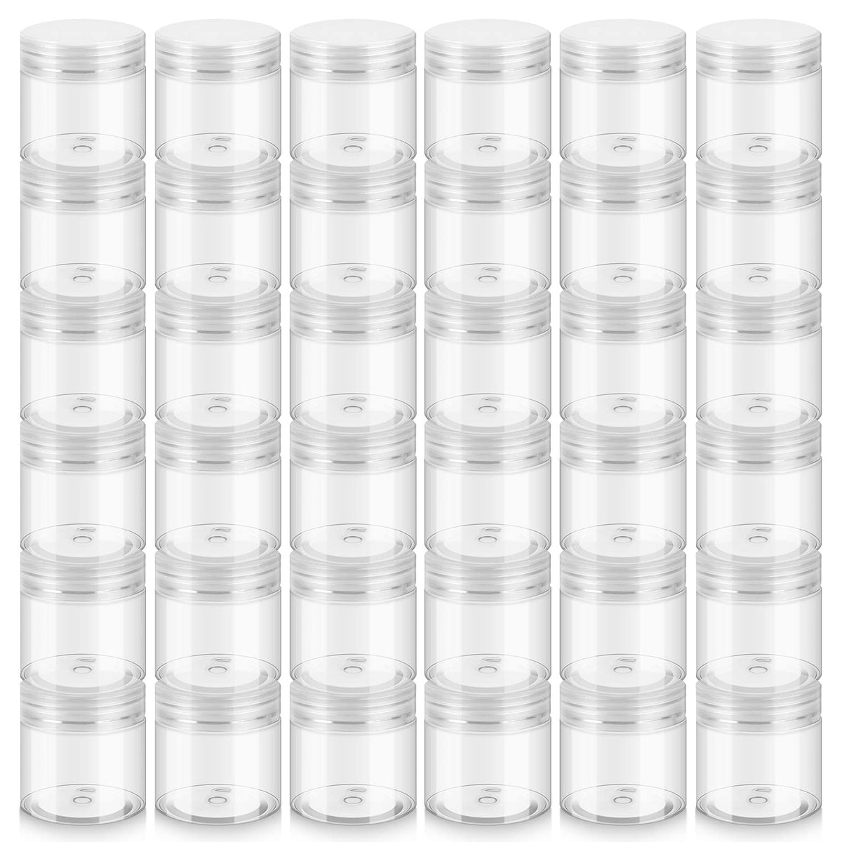 Loretoy 2oz jars with lids in a 36-pack for travel-ready cosmetic storage.