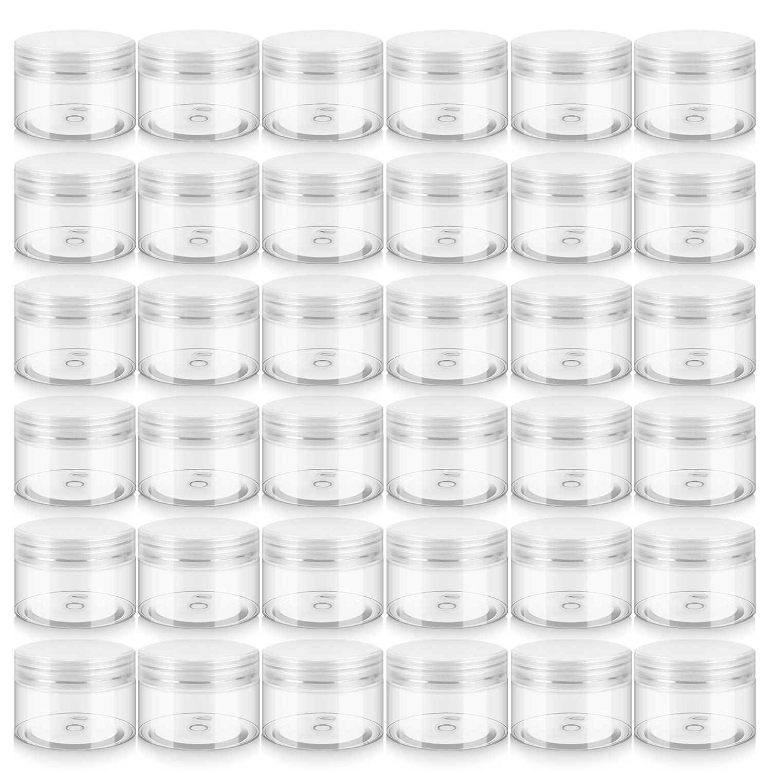 Loretoy 36-pack 4oz jars with sturdy PET bodies for cosmetics on the go.
