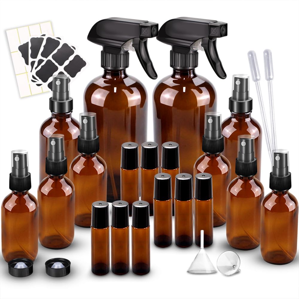 Loretoy amber glass spray bottle 16oz with UV protection for safe essential oil use.