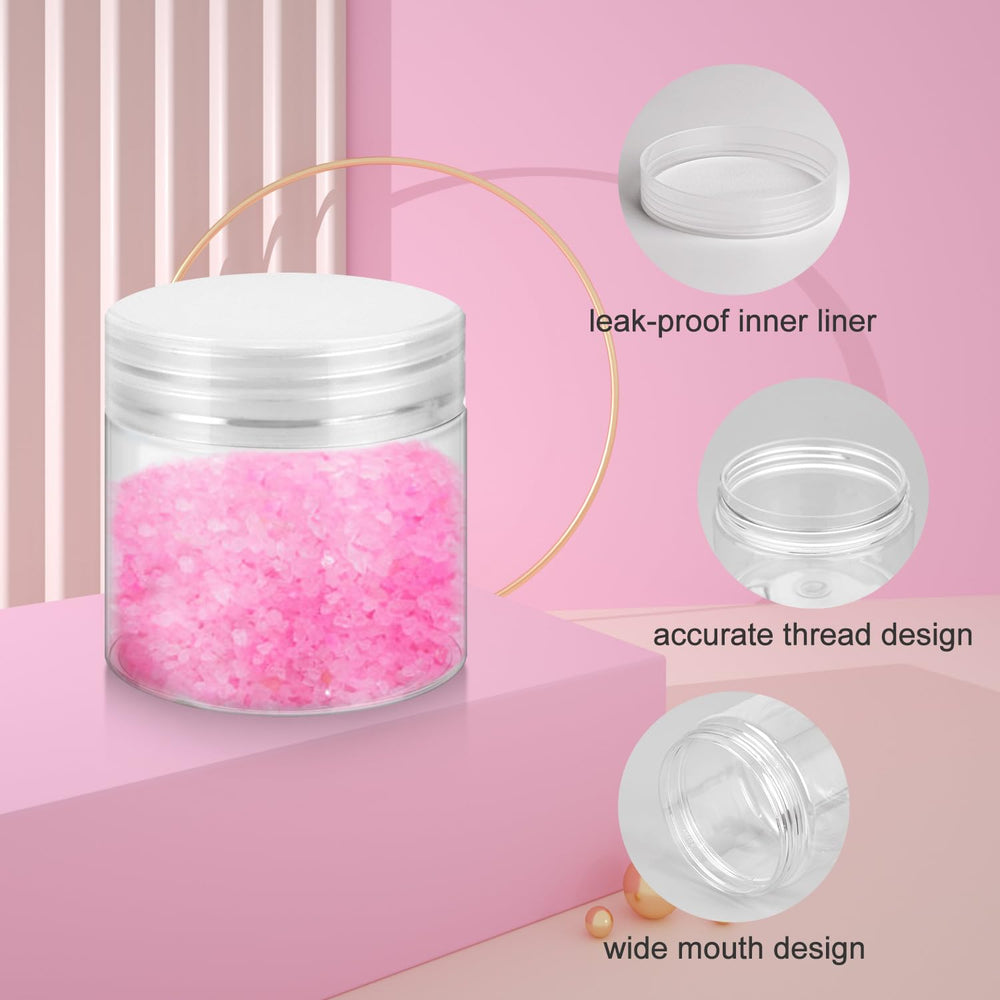 Loretoy transparent 2oz jars emphasize clear visibility for powders and bath salts.