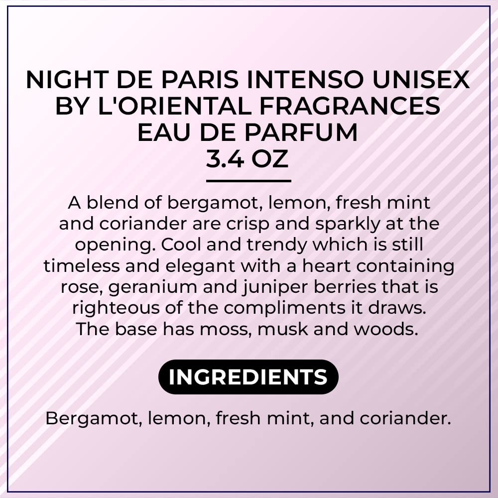 Lorientale Fragrances Night De Paris Intenso gift display communicates premium presentation.