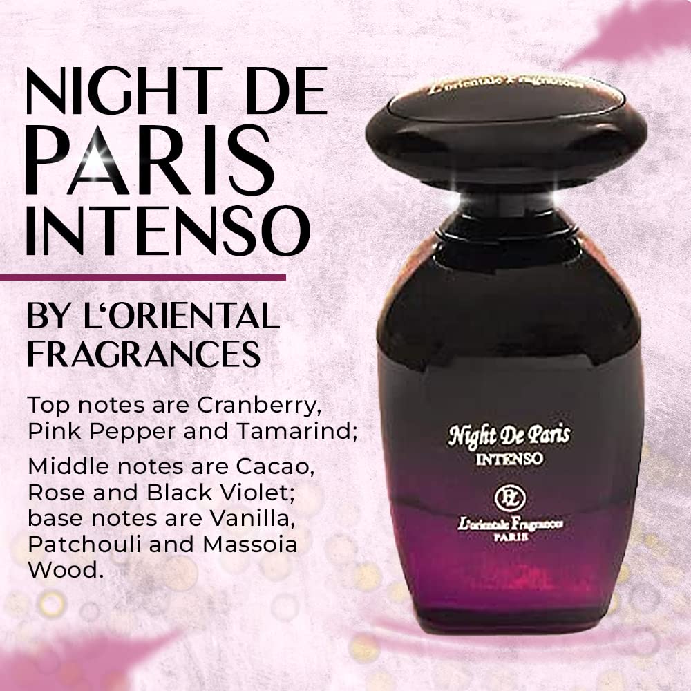 Lorientale Fragrances Night De Paris Intenso mood vignette conveys versatile, evening-ready vibe.