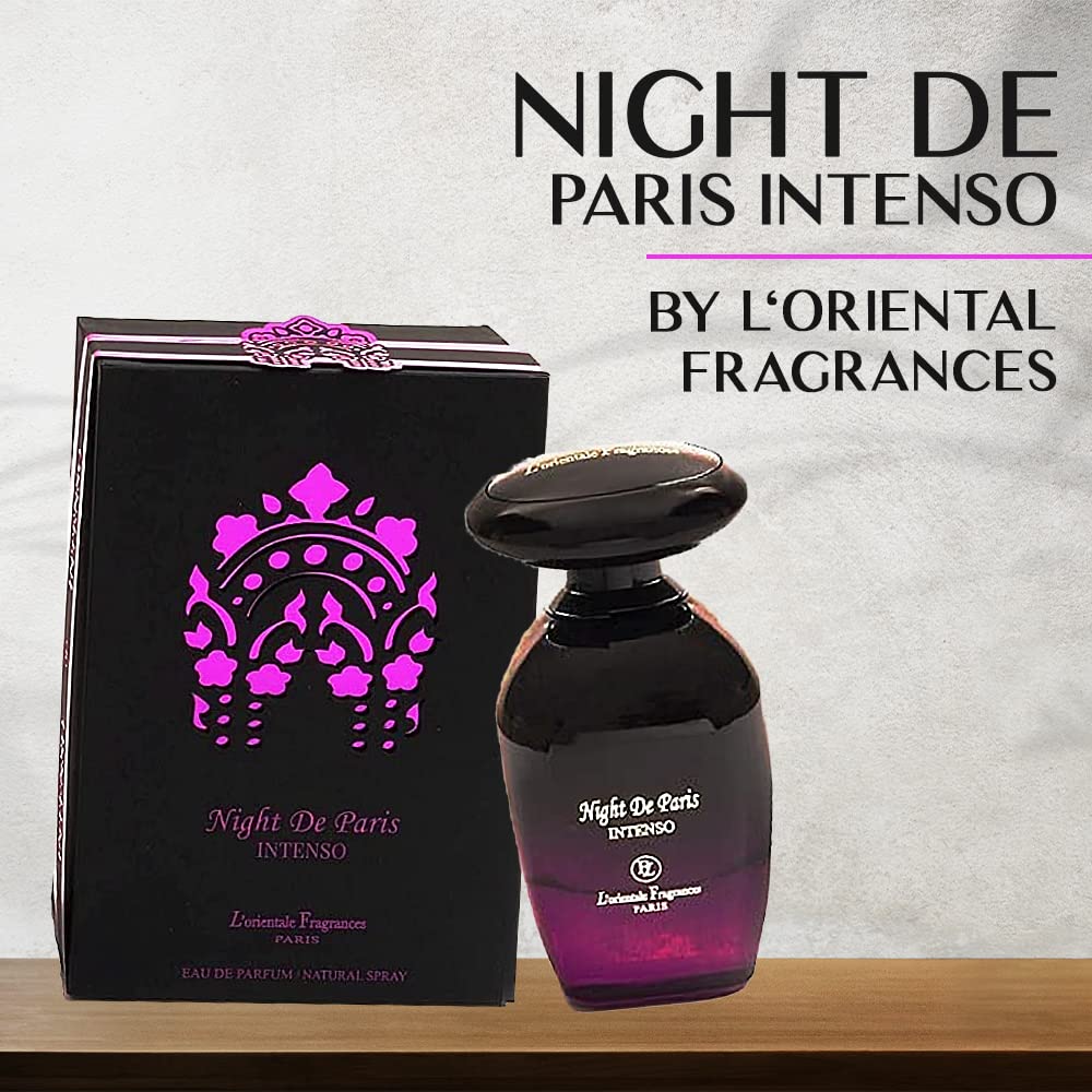 Lorientale Fragrances Night De Paris Intenso rose-heart detail on bottle for elegance.