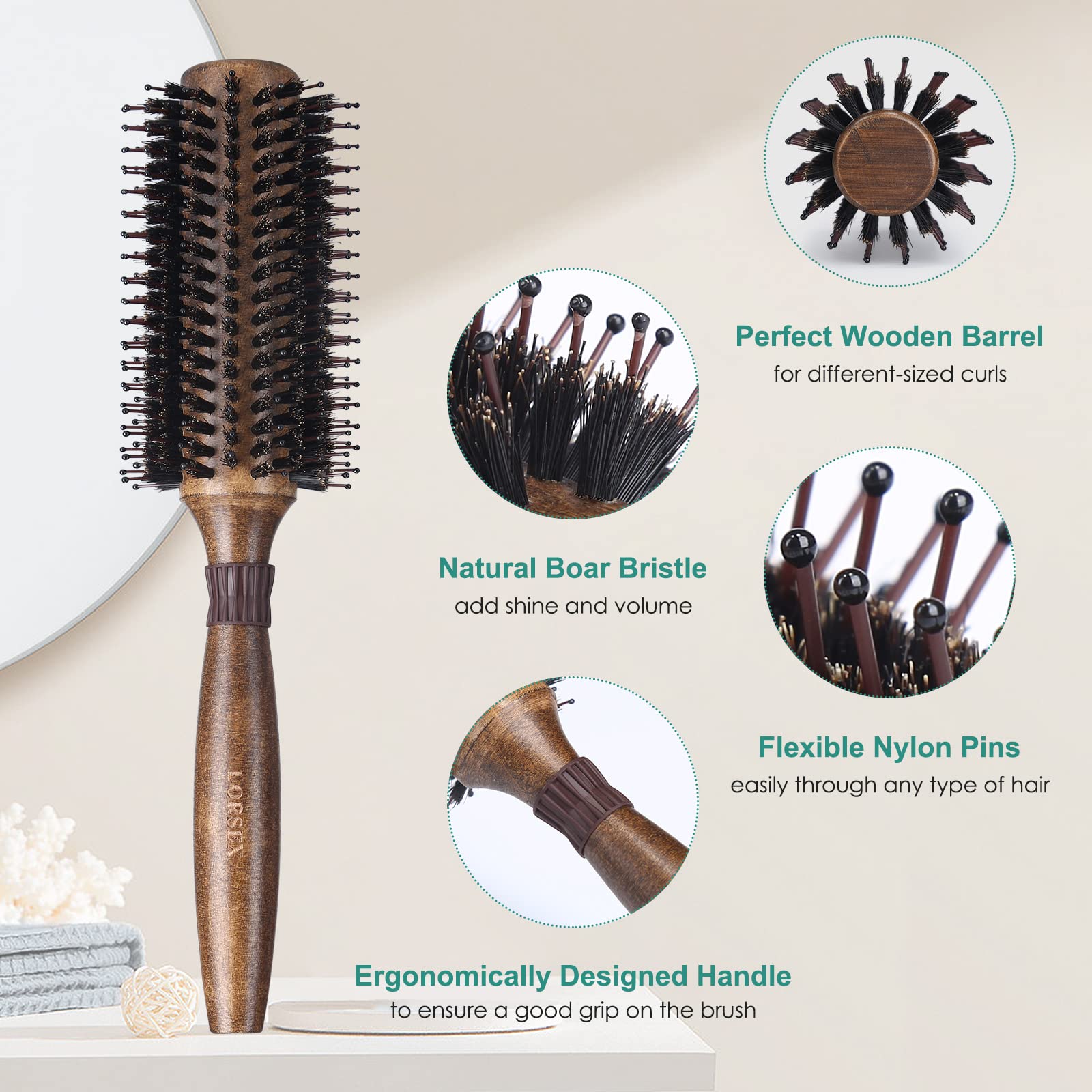 LORSEX Boar Bristle Brush close-up distributing moisture for shine.
