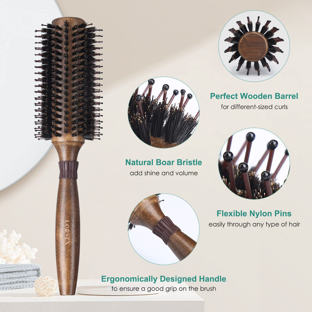 LORSEX Boar Bristle Brush close-up distributing moisture for shine.