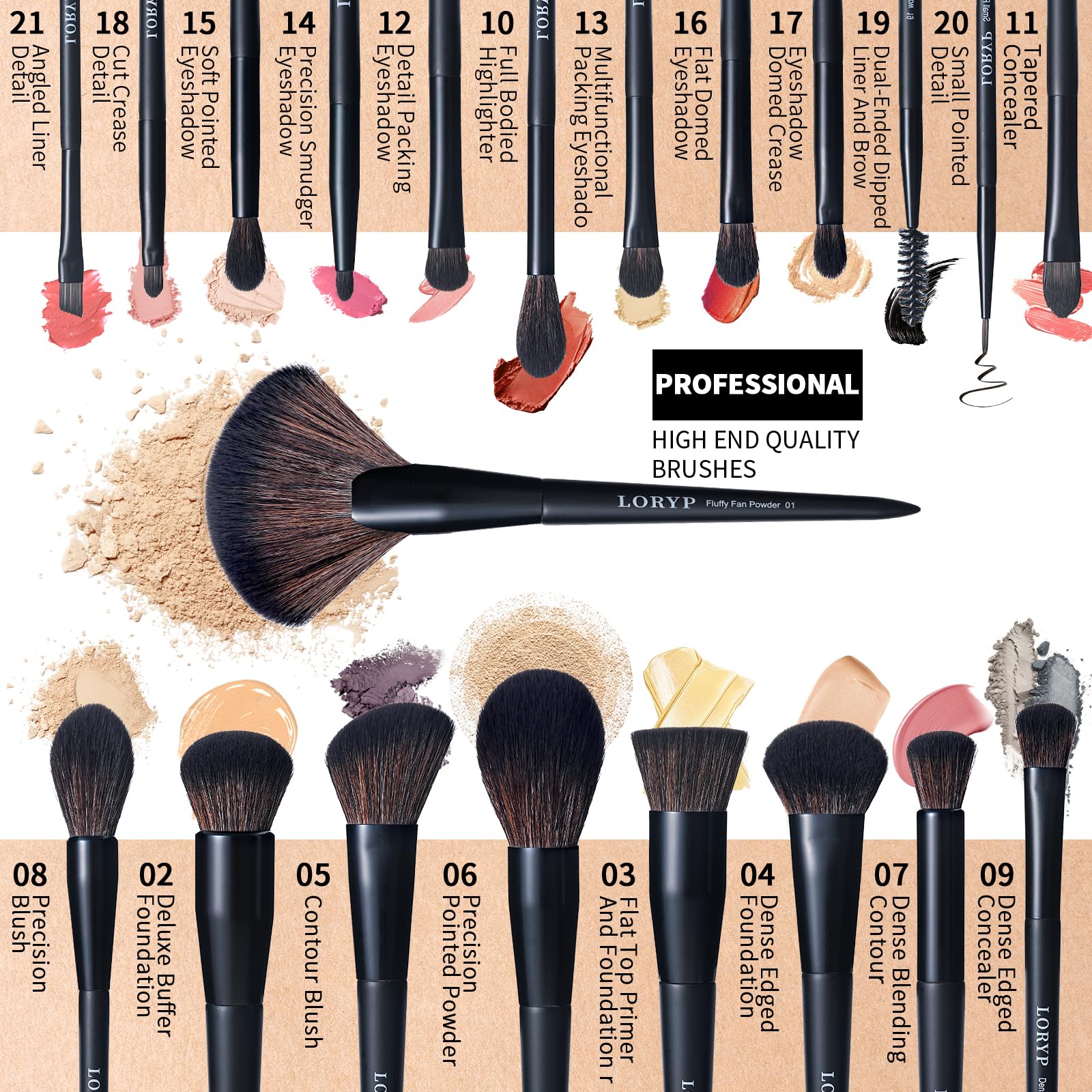 LORYP black makeup brush set 21pc precision blush brush for precise cheek color.