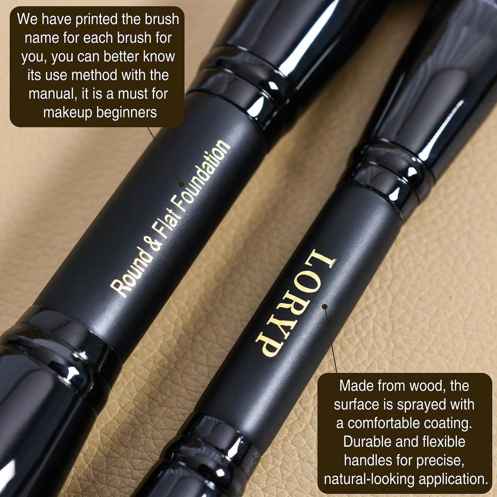 LORYP black makeup brushes round and flat foundation for smooth full-coverage.