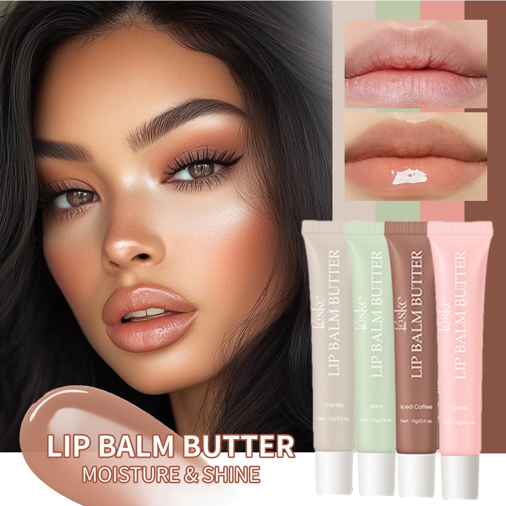 Loske Summer Butter Lip Balm on a shelf showing four color options.